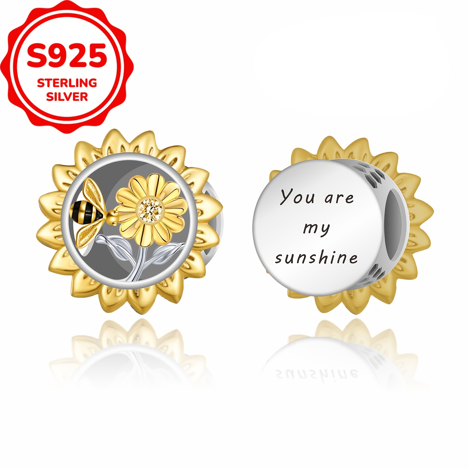 925 Sterling Silver Sunflower Charm Bead, 14K Gold Plated
